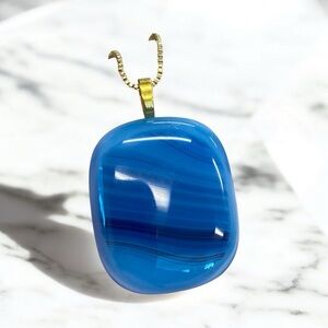 Artisan handcrafted blue fused glass pendant on 18” 14k gold plated chain